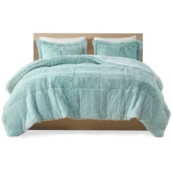 Full/Queen Soft Sherpa Faux Fur 3-Piece Comforter Set in Light Teal Blue Photo 4