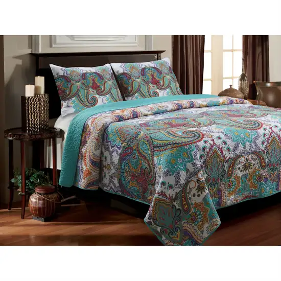 Full / Queen Teal Paisley 3-Piece Quilt Set in 100-Percent Cotton Photo 1