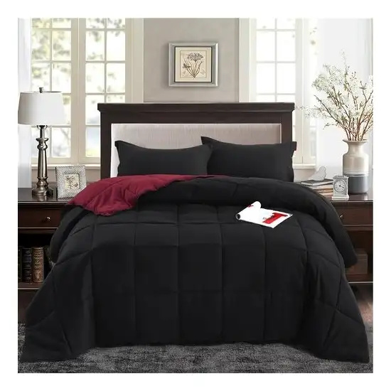 Full/Queen Traditional Microfiber Reversible 3 Piece Comforter Set in Black/Maroon Photo 1