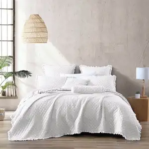 Photo of Full Queen White Farmhouse Microfiber Diamond Quilted Bedspread Set Frayed Edges