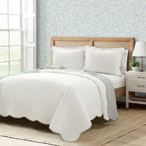 Photo of Full/Queen White Grey Scalloped Edge Reversible Thin Light Quilt Set