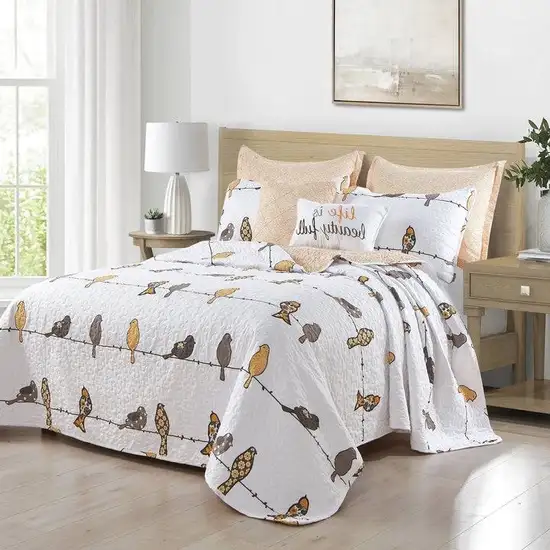 Full/Queen Yellow Grey Birds On Wire Lightweight 7 PCS Quilt Set Photo 2