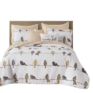 Photo of Full/Queen Yellow Grey Birds On Wire Lightweight 7 PCS Quilt Set