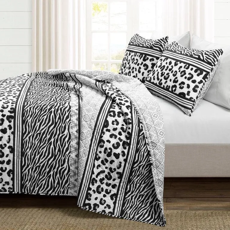 Full/Queen size Animal Print Black White Lightweight Reversible Quilt Set Photo 2