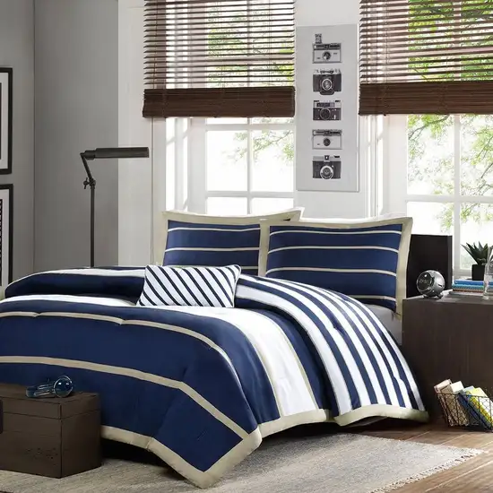 Full / Queen size Comforter Set in Navy Blue White Khaki Stripe Photo 2