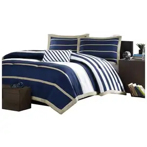 Photo of Full / Queen size Comforter Set in Navy Blue White Khaki Stripe