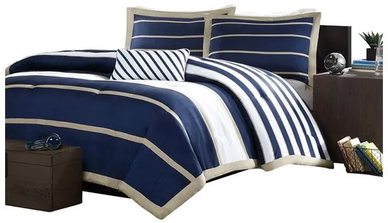 Full / Queen size Comforter Set in Navy Blue White Khaki Stripe Photo 1