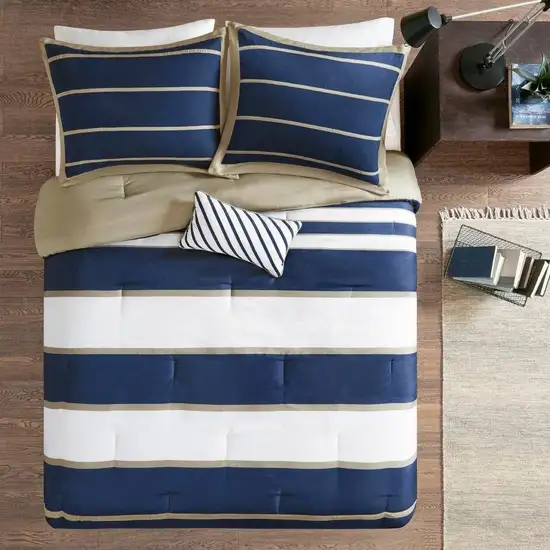 Full / Queen size Comforter Set in Navy Blue White Khaki Stripe Photo 3