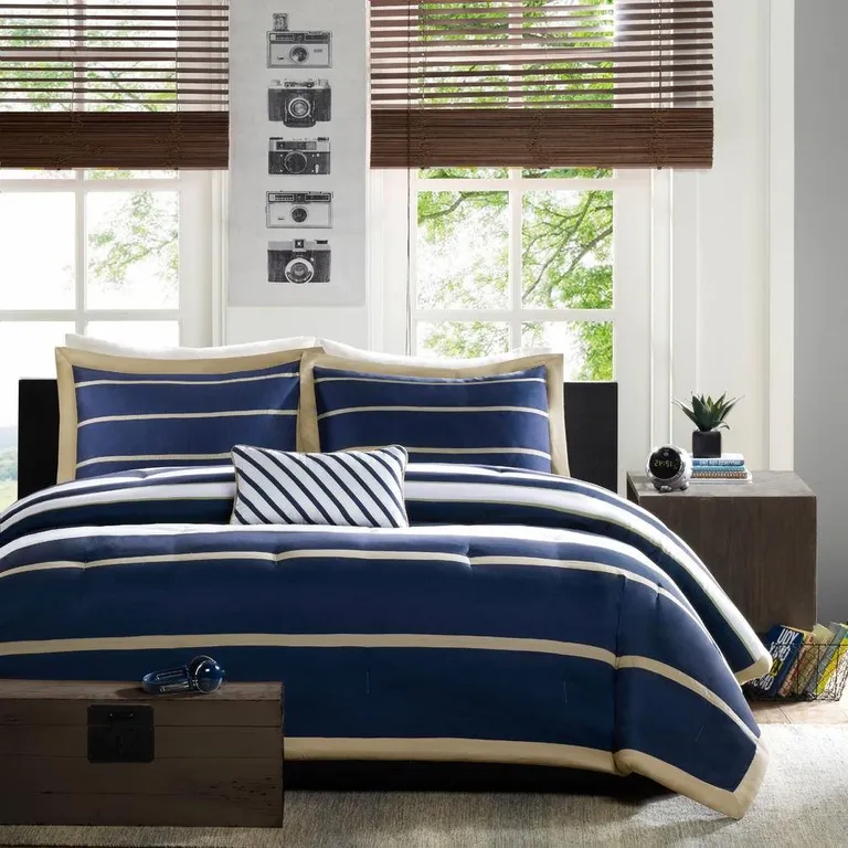 Full / Queen size Comforter Set in Navy Blue White Khaki Stripe Photo 4