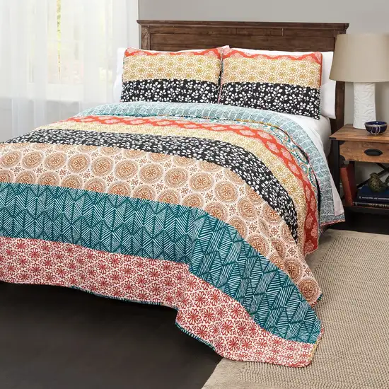 Full/Queen size Cotton 3 Piece Reversible Teal Orange Bohemian Stripe Quilt Set Photo 2