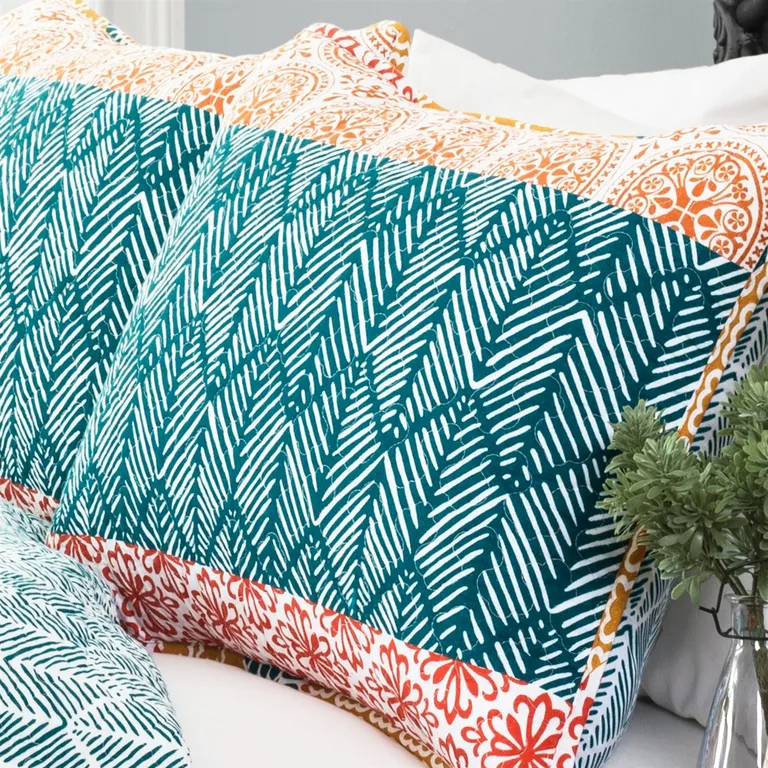 Full/Queen size Cotton 3 Piece Reversible Teal Orange Bohemian Stripe Quilt Set Photo 3