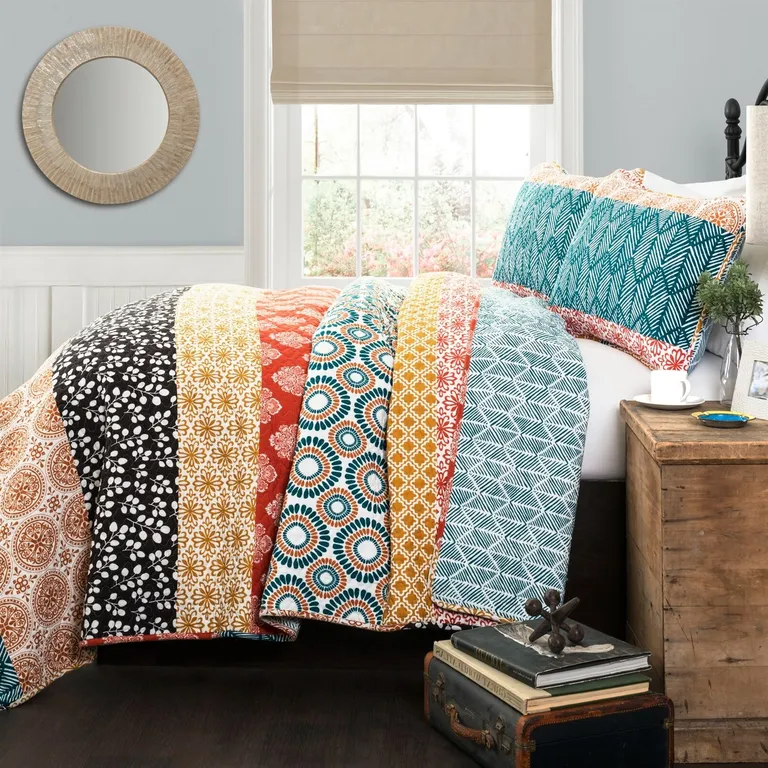 Full/Queen size Cotton 3 Piece Reversible Teal Orange Bohemian Stripe Quilt Set Photo 1