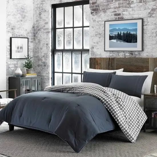 Full/Queen size 100% Cotton Reverse Plaid Gray/White Comforter Set Photo 1