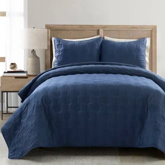 Full/Queen size Lightweight Blue Textured Cotton 3 Piece Quilt Set Photo 1