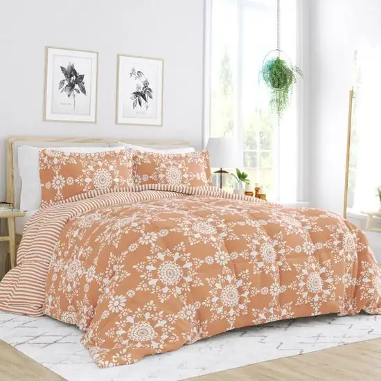 Full/Queen size 3-Piece Clay and White Reversible Floral Striped Comforter Set Photo 2