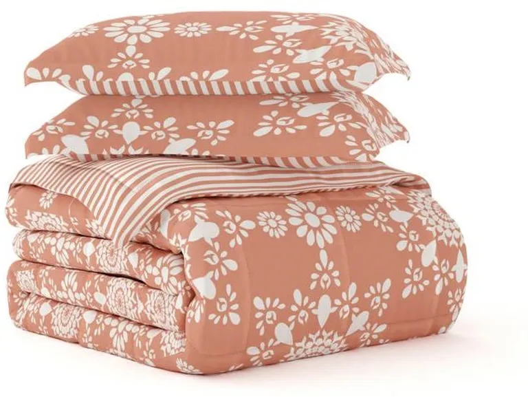 Full/Queen size 3-Piece Clay and White Reversible Floral Striped Comforter Set Photo 5