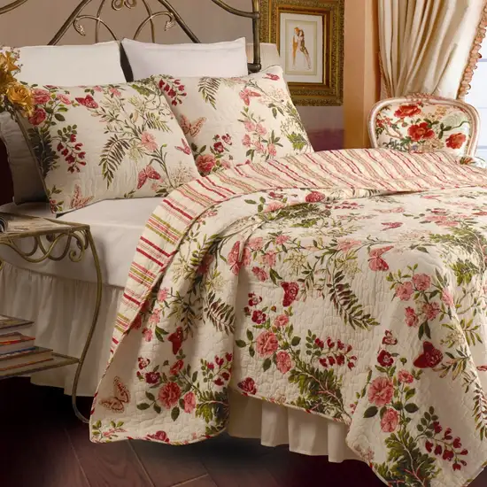 Full / Queen size Piece 100% Cotton Quilt Set Crimson Clover Floral Photo 1