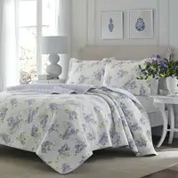 Photo of Full / Queen size 3-Piece Cotton Quilt Set with White Purple Floral Pattern