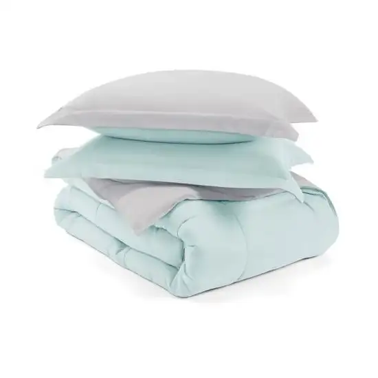 Full/Queen size 3-Piece Microfiber Reversible Comforter Set Aqua Blue and Grey Photo 3