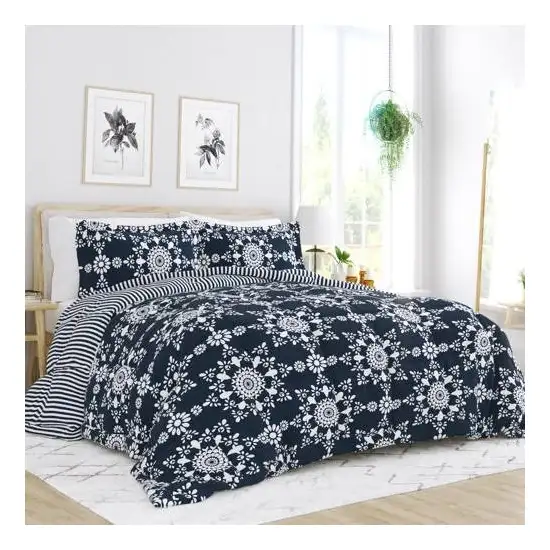 Full/Queen size 3-Piece Navy Blue White Reversible Floral Striped Comforter Set Photo 1