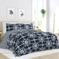 Photo of Full/Queen size 3-Piece Navy Blue White Reversible Floral Striped Comforter Set