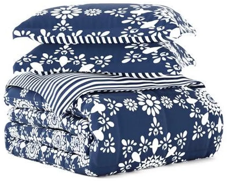 Full/Queen size 3-Piece Navy Blue White Reversible Floral Striped Comforter Set Photo 3