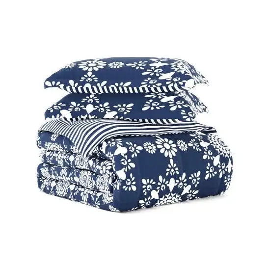 Full/Queen size 3-Piece Navy Blue White Reversible Floral Striped Comforter Set Photo 3