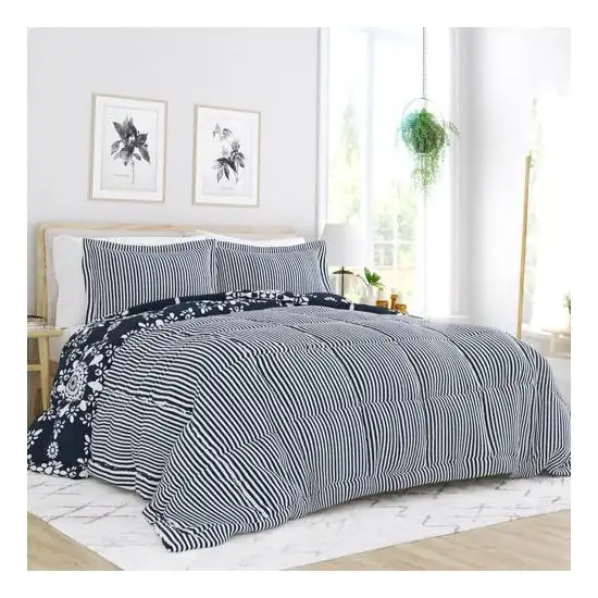 Full/Queen size 3-Piece Navy Blue White Reversible Floral Striped Comforter Set Photo 2