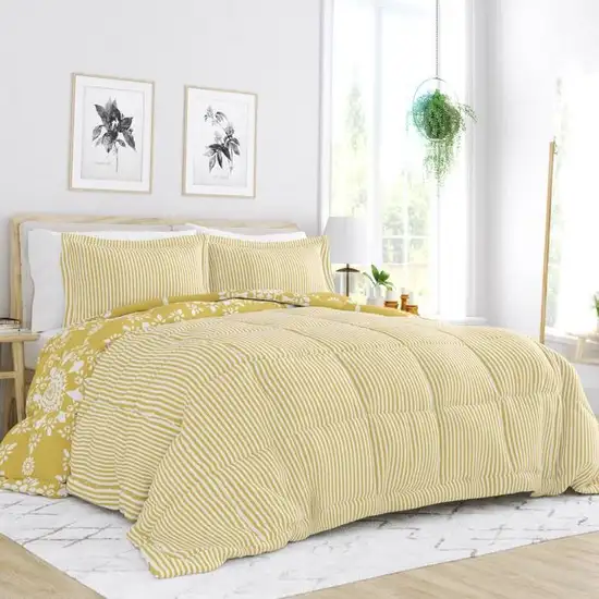 Full/Queen size 3-Piece Yellow White Reversible Floral Striped Comforter Set Photo 2