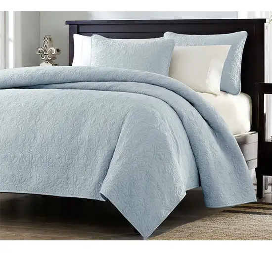 Full / Queen size Quilted Bedspread Coverlet with 2 Shams in Light Blue Photo 2