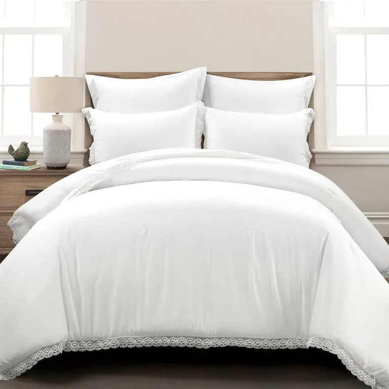 Full/Queen size White 5-Piece Lightweight Comforter Set with Lace Trim Photo 2