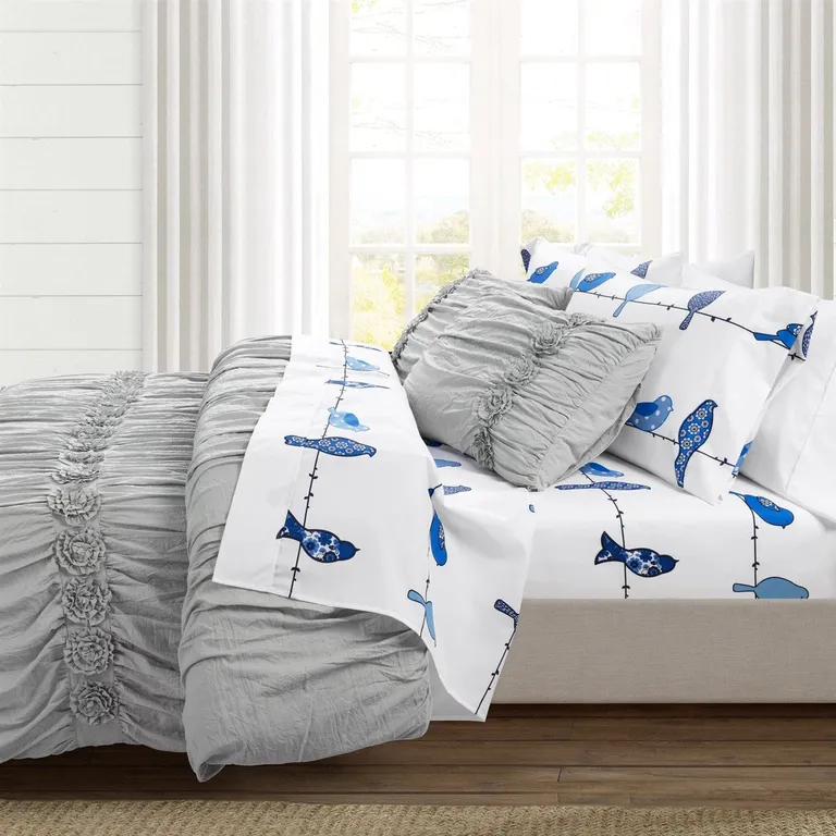 Full Size Blue Birds Polyester 6 Piece Soft Sheet Set Photo 5