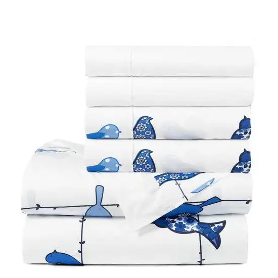 Full Size Blue Birds Polyester 6 Piece Soft Sheet Set Photo 2