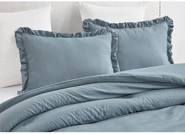 Full Size Blue Stone Washed Ruffled Edge Microfiber 3-Piece Comforter Set Photo 4