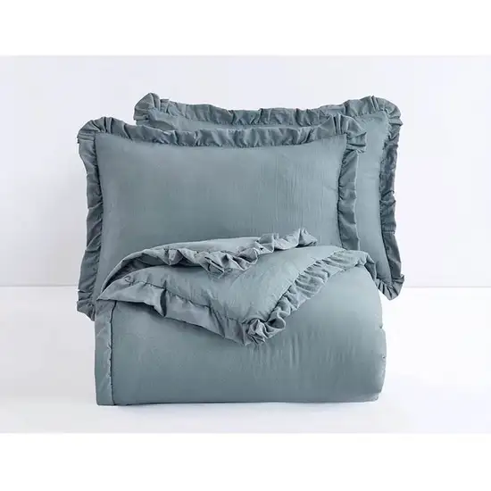 Full Size Blue Stone Washed Ruffled Edge Microfiber 3-Piece Comforter Set Photo 3