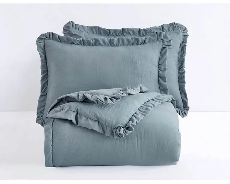 Full Size Blue Stone Washed Ruffled Edge Microfiber 3-Piece Comforter Set Photo 3