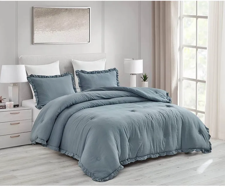 Full Size Blue Stone Washed Ruffled Edge Microfiber 3-Piece Comforter Set Photo 2