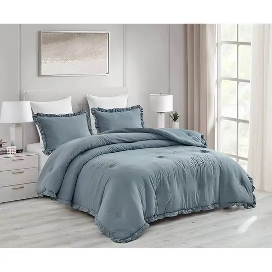 Full Size Blue Stone Washed Ruffled Edge Microfiber 3-Piece Comforter Set Photo 2