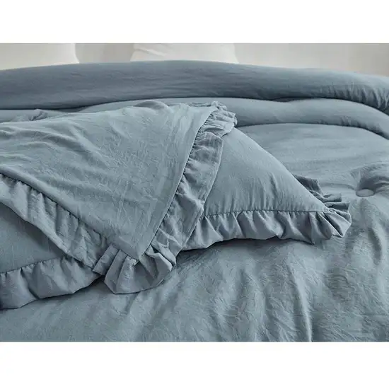 Full Size Blue Stone Washed Ruffled Edge Microfiber 3-Piece Comforter Set Photo 5