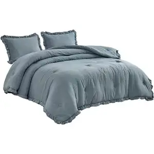 Photo of Full Size Blue Stone Washed Ruffled Edge Microfiber 3-Piece Comforter Set