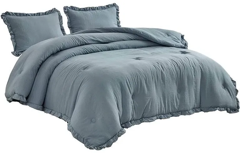 Full Size Blue Stone Washed Ruffled Edge Microfiber 3-Piece Comforter Set Photo 1