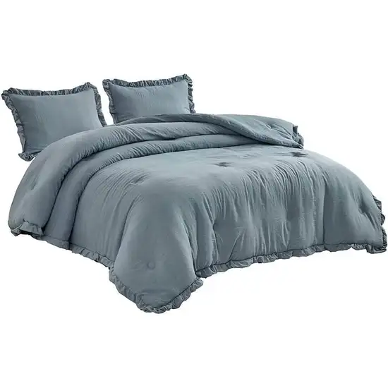 Full Size Blue Stone Washed Ruffled Edge Microfiber 3-Piece Comforter Set Photo 1