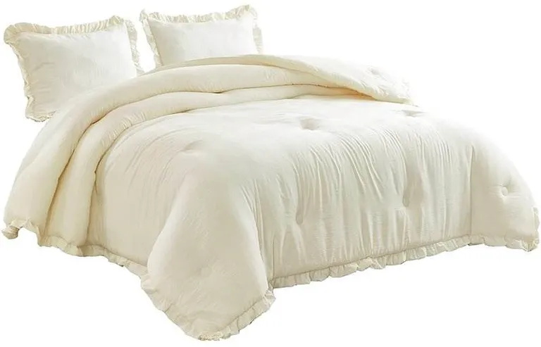 Full Size Ivory Microfiber 3-Piece Comforter Set with Ruffled Edge Trim Photo 2