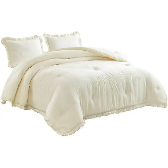 Full Size Ivory Microfiber 3-Piece Comforter Set with Ruffled Edge Trim Photo 2