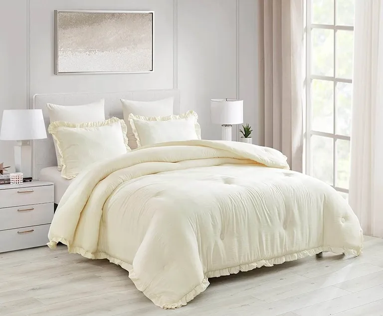 Full Size Ivory Microfiber 3-Piece Comforter Set with Ruffled Edge Trim Photo 1