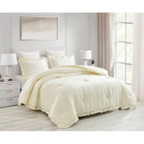 Full Size Ivory Microfiber 3-Piece Comforter Set with Ruffled Edge Trim Photo 1