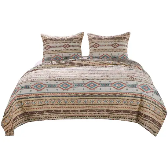 Full Size 3 Piece Polyester Quilt Set with Kilim Pattern, Multicolor Photo 1
