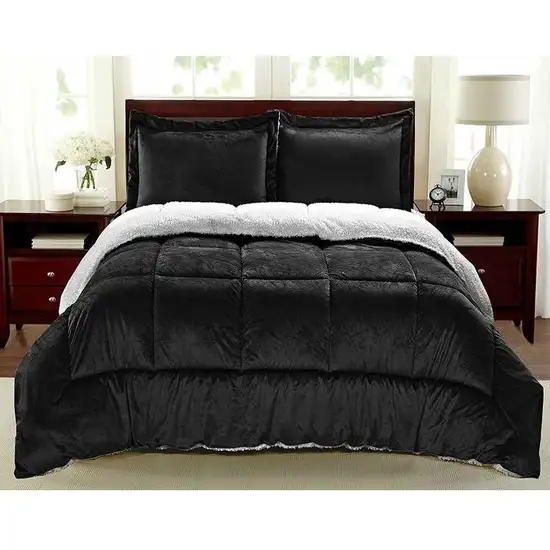 Full Size 3 Piece Ultra Soft Sherpa Wrinkle Resistant Comforter Set in Black Photo 4