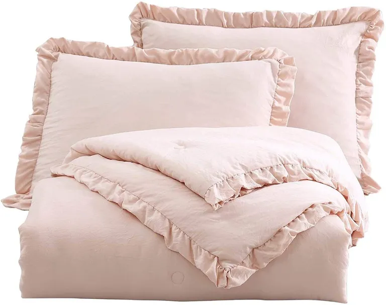 Full Size Pink Stone Washed Ruffled Edge Microfiber Comforter Set Photo 1