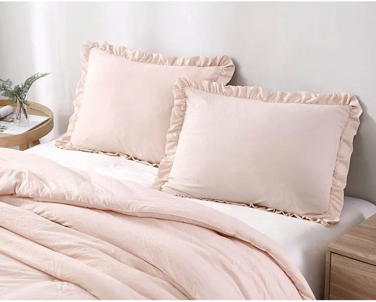 Full Size Pink Stone Washed Ruffled Edge Microfiber Comforter Set Photo 3